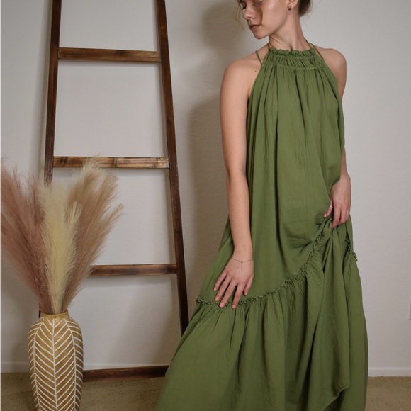 Chic Olive Green Halter Maxi Dress - Picture 1 of 5